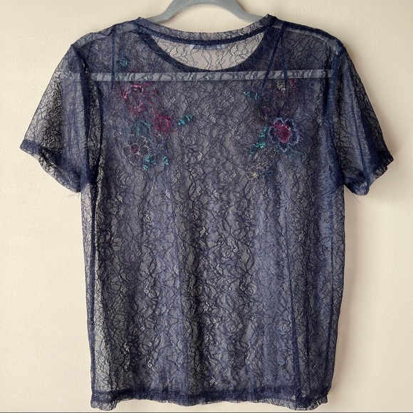 Zara Navy Floral Embroidered Mesh T-Shirt Size S - Picture 2 of 5